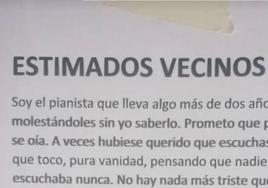 La nota que ha dejado un pianista a sus vecinos.