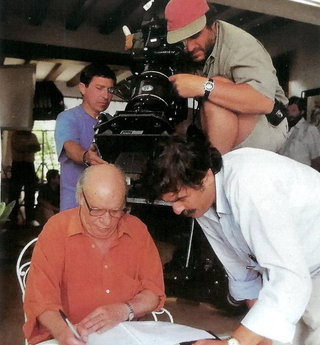 Benito Rabal, en Calabardina, con su padre y José Luis López Linares, durante el rodaje bajo su dirección de 'Paco, mi padre' (1992).