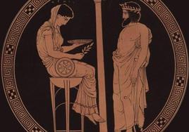 Pintura del rey griego Egeo haciendo una consulta a la oráculo de Delfos.