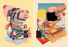 Collage 'Universo femenino'. Collage 'Reaching the fire'.