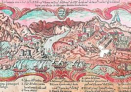 Parte inferior del grabado de 1765, con una vista de la villa y la costa.