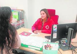 Ana Marín, directora de ayudas básicas a personas en extrema vulnerabilidad de Cruz Roja, atiende a una beneficiaria del banco de alimentos, en las oficinas centrales de la ONG.