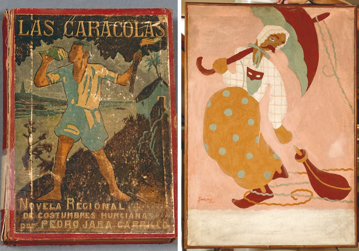 1. Portada de 'Las caracolas', novela de costumbres de Jara Carrillo (1920). Archivo Municipal de Murcia. 2. Escena de Carnaval de Luis Garay, años 20. Museo de la Ciudad, Ayuntamiento de Murcia.