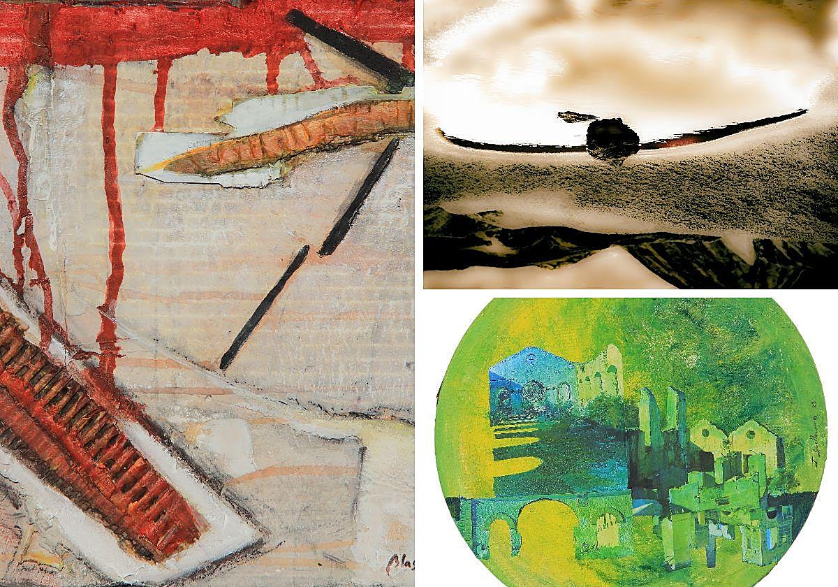 Izquierda, obra de Blas Miras para la muestra; una de las creaciones de Luis Marino y luna con paisaje minero de Isabel Guillermo.