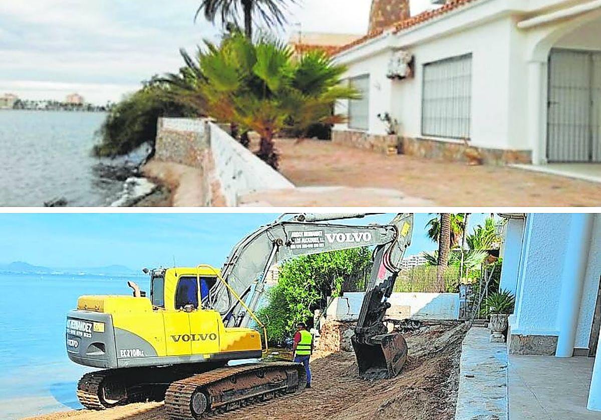 En la imagen superior, aspecto de una vivienda que ocupaba de forma parcial el dominio público marítimo-terrestre en la playa de Poniente, en La Manga. Abajo, obras de derribo de las construcciones irregulares.