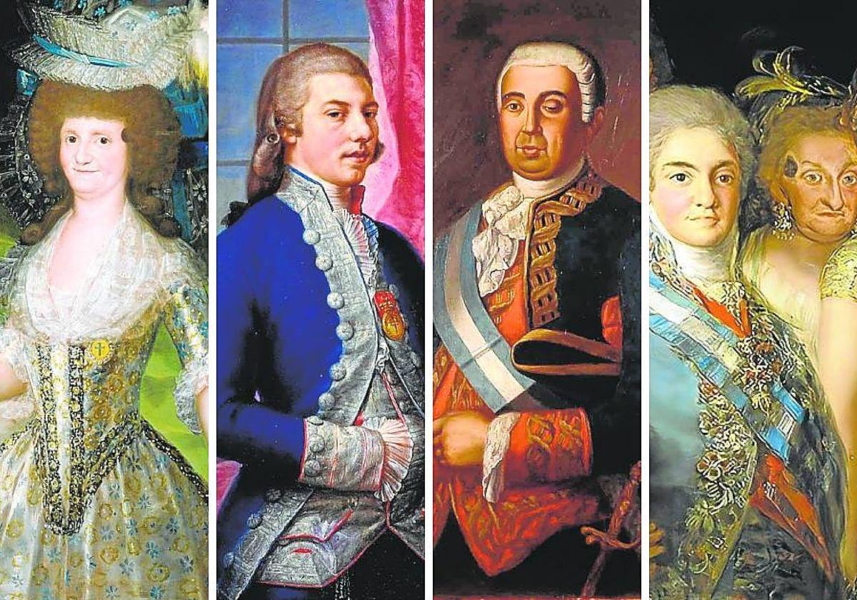 María Luisa de Parma, Manuel de Godoy, Francisco de Borja y Poyo y Fernando VII con María Antonia de Nápoles.