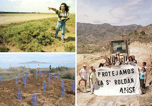 Acción de protesta de ANSE en el Roldán (Cartagena) en 2000 (dcha). Plantaciones en el entorno del Mar Menor (izd abajo) y arriba Pedro García en Lo Poyo, en 1996 (izd arriba).