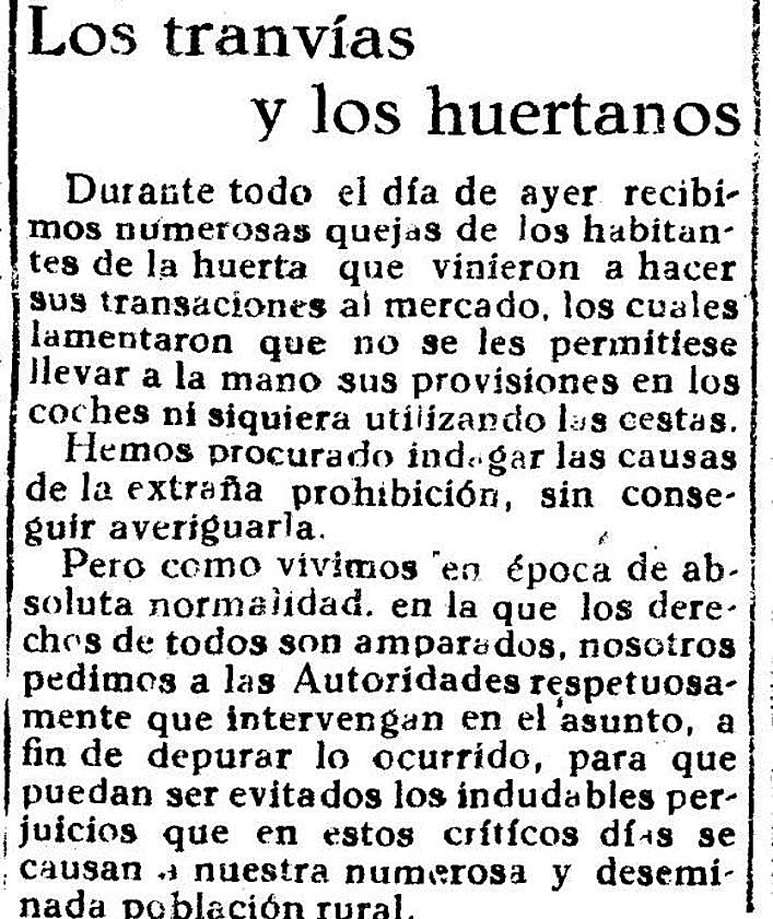 Imagen secundaria 2 - 1. En 1923, el primer día de Pascua no había nunca periódicos en la ciudad de Murcia; 2. LA VERDAD publicó este anuncio el mismo año para no ser «viejos despreciables»; 3. El mercado de los jueves causaba un gran problema a los tranvías. 