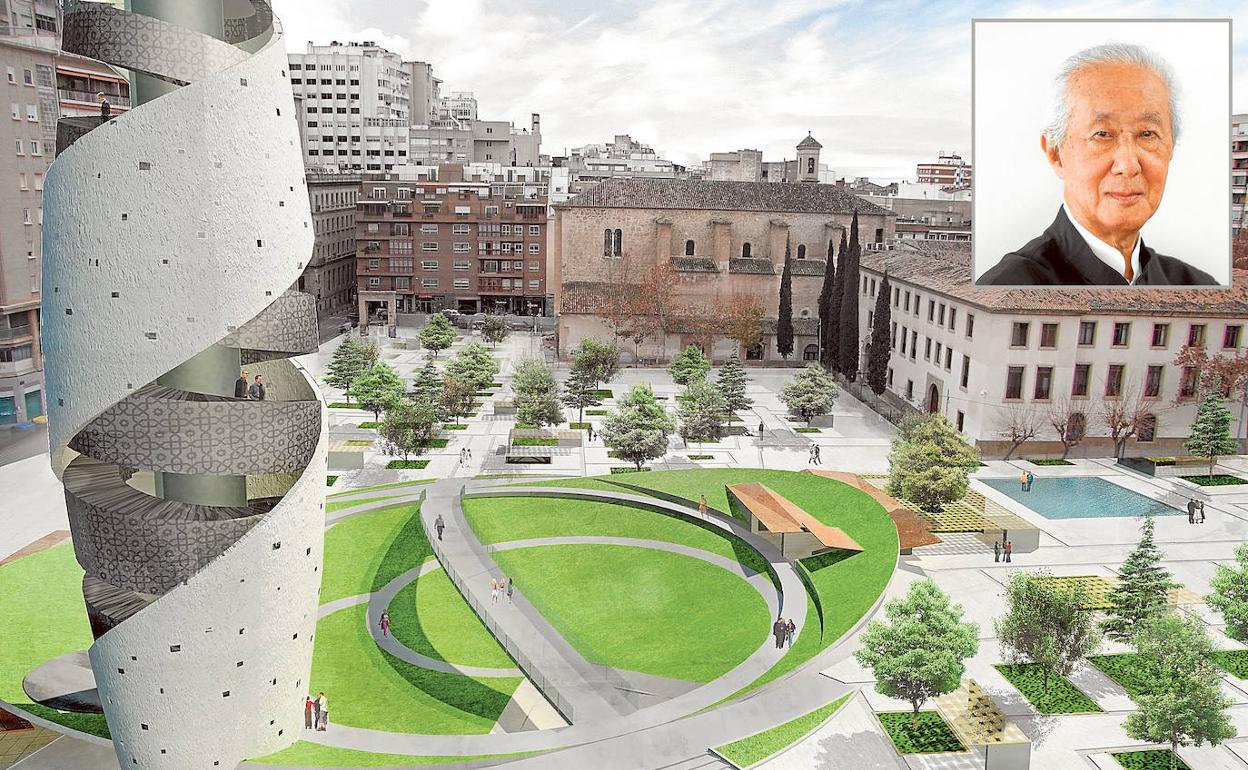 El proyecto presentado a concurso por Arata Isozaki & Asociados para la plaza de San Esteban de Murcia con una gran plaza sobre el yacimiento y espacios peatonales. 
