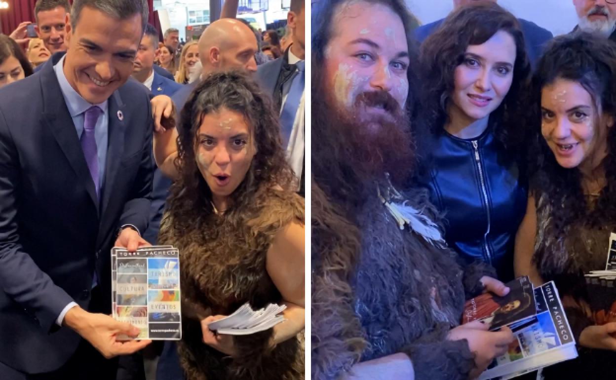 Pedro Sánchez y Isabel Díaz Ayuso posan con los neandertales. 