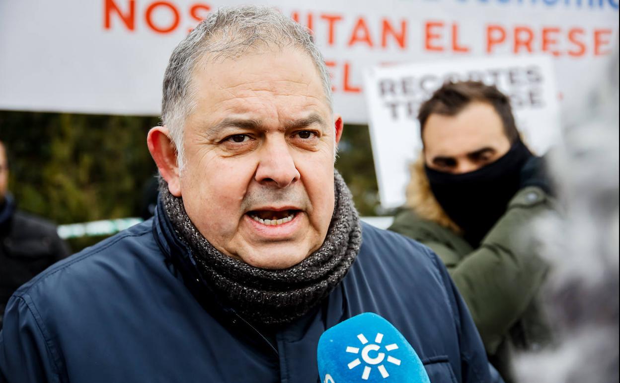 El presidente del Scrats, Lucas Jiménez, este martes en la concentración en Madrid. 