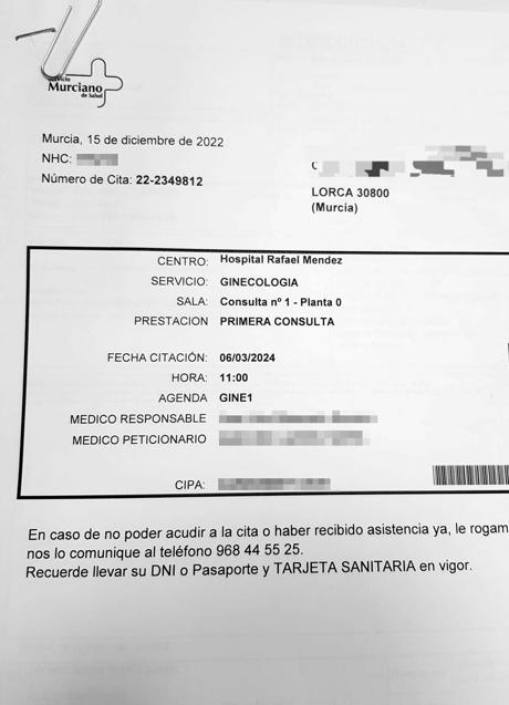 Imagen - Volante del Servicio Murciano de Salud con cita para 2024 en Lorca. 