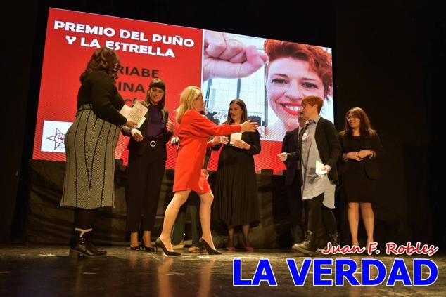 El teatro Thuillier acogió en la noche del pasado viernes el acto de entrega de la tercera edición de los Premios Rosa al Compromiso Social, organizado por el PSOE y Juventudes Socialistas. Los reconocimientos fueron entregados a Francisco Marín, presidente del gremio de editores de la Región de Murcia; a Juan Pedro Martínez, presidente de la cooperativa Frutas Caravaca; y a Francisca Baraza, presidenta de la Mancomunidad de los Canales del Taibilla.