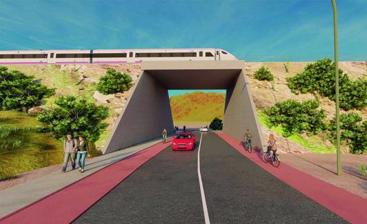 Recreación de las obras que acometerá Adif en Cieza para construir el puente y la carretera. 