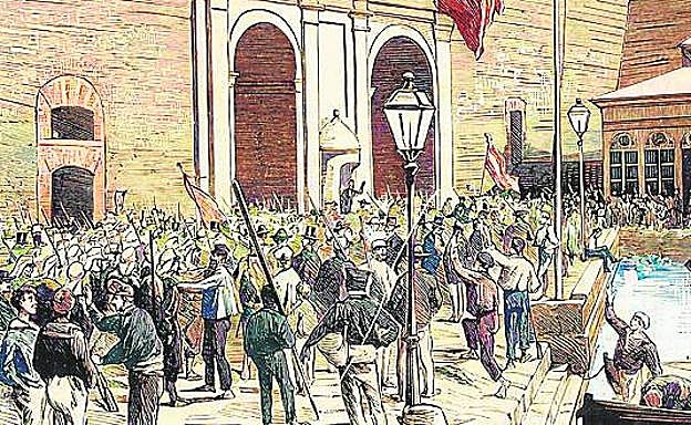 Grabado español. Los soldados del Regimiento Iberia y la marinería de los buques fraternizan con el pueblo de Cartagena en las Puertas del Muelle, el 24 de julio de 1873.