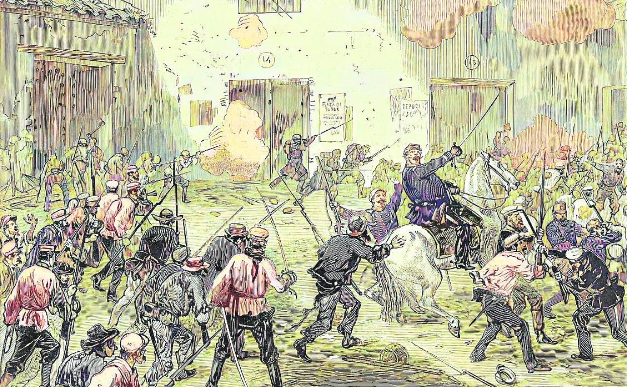 Grabado inglés. Los cantonales desembarcando en Águilas son repelidos por carabineros. 16 de septiembre de 1873. 