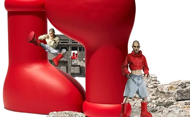 Promotional image of the popular red boots on the MSCHF website.