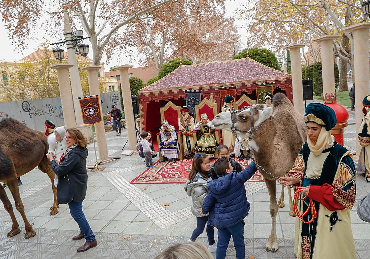 Los niños se acercan a los dromedarios que acompañan a los pajes de los Magos de Oriente en el Campamento Real.