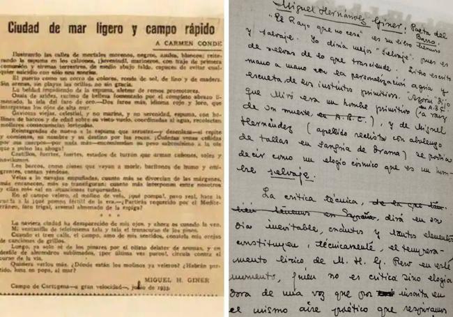 'Ciudad de mar ligero y campo rápido', poema de Miguel Hernández publicado en LA VERDAD el 3 de agosto de 1933. Manuscrito de 'Poeta del barro' publicado en Nueva York.