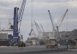 Una grúa echa cereal en una tolva y debajo un camión carga este producto, en Escombreras