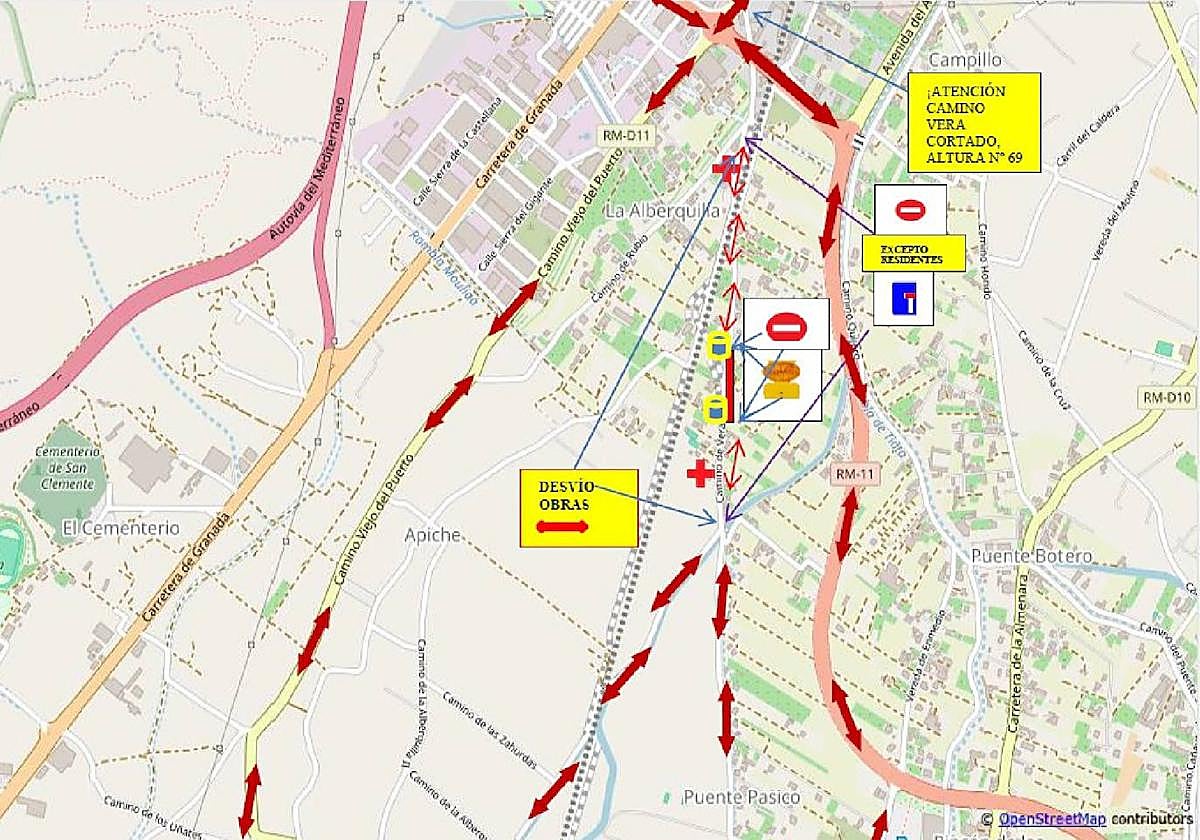 Mapa con los caminos alternativos durante el cierre al tráfico del Camino Real de Vera de Lorca.