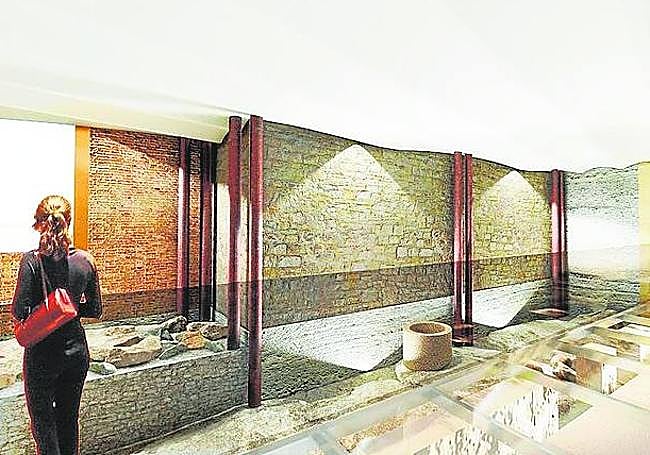 El espacio con la muralla, antemuralla y val de agua cubierto de cristal para ser visitado.