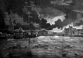 Agua. Aunque las riadas siempre fueron más trágicas en los meses de octubre, también en algún febrero Murcia las padeció. El grabado corresponde a la riada de Santa Teresa de octubre de 1879.