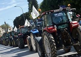 Manifestación de agricultores con tractores y camiones por el centro de Murcia, en 2022.