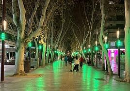 El paseo Alfonso X el Sabio iluminado de color verde, este domingo.