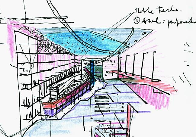 Dibujo del diseño interior del bar-restaurante La Madrileña de Enrique Carbonell