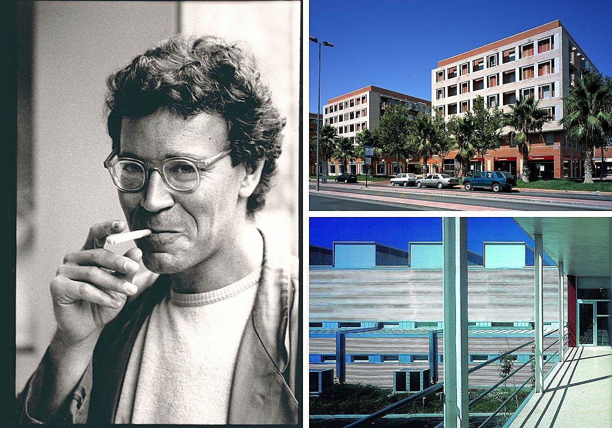 Enrique Carbonell, «arquitecto de cuerpo entero». Así lo recuerda Rafael Moneo, Premio Pritzker de Arquitectura, con quien trabajó en el edificio Moneo de Murcia. A la derecha, fachada de dos de los bloques de viviendas para la cooperativa Myrtia, en Juan de Borbón, y vista de la zona industrial, con el patio delante, desde el interior del edificio de la Imprenta Regional.