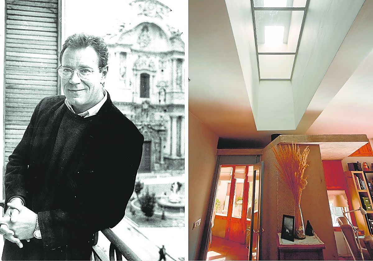 Enrique Carbonell posa en el balcón de su estudio, con la Catedral al fondo. A la derecha, tragaluz y estructura de hormigón corrido vistos desde el salón de la vivienda de Carlos y Manuela en La Alberca.