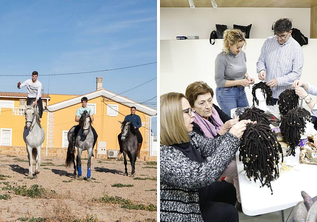 Jinetes del grupo de los etíopes del Paso Azul realizan sus entrenamientos y renovación de pelucas de los maromeros de la reina de Saba en el Paso Blanco.
