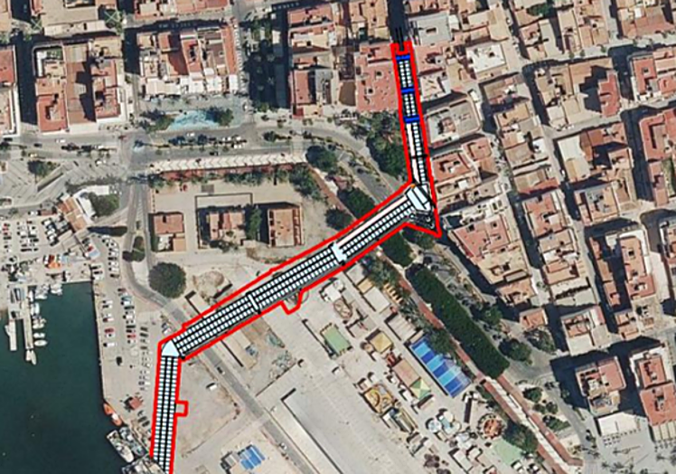 Plano del trazado de la nueva red de pluviales entre la calle Rambla Juan Mateo hasta la dársena portuaria.