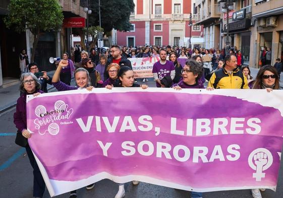 Las integrantes del Colectivo Sororidad levantan el puño durante la manifestación del 8-M, este viernes, en Orihuela.