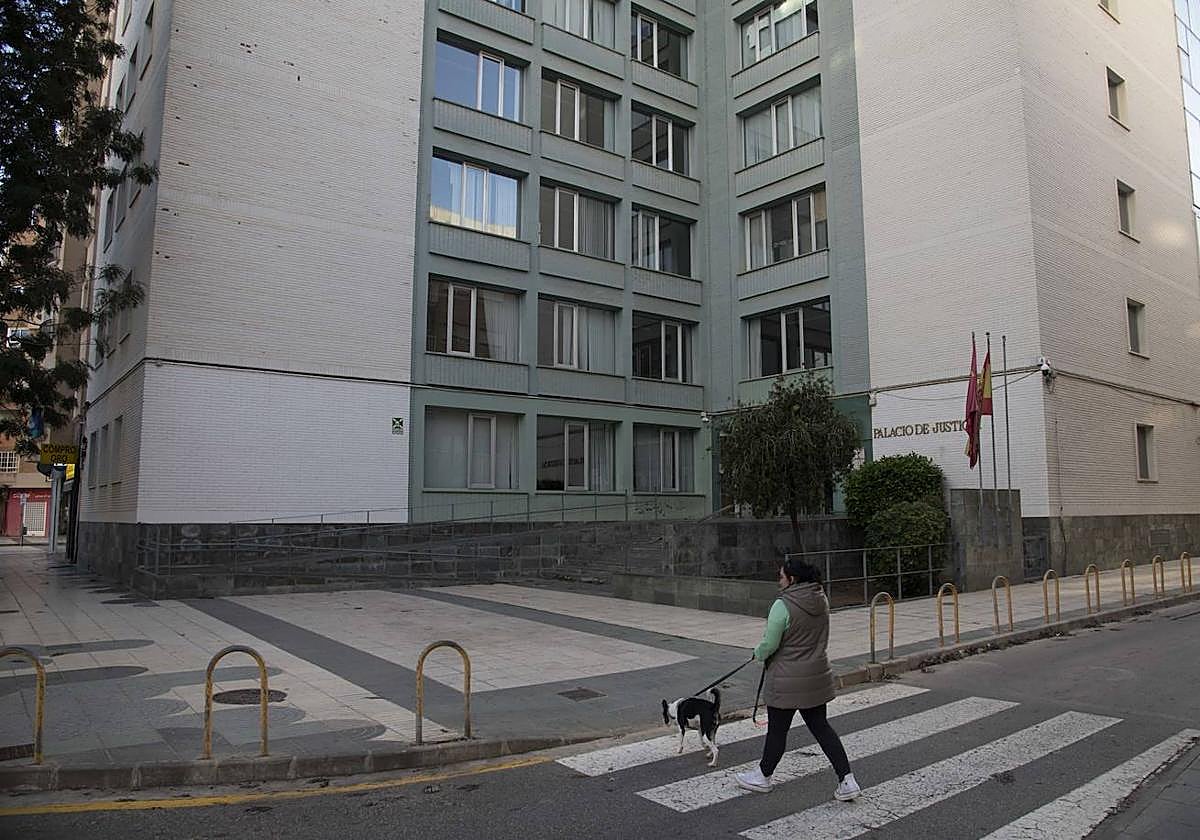 Una mujer camina con un perro frente al Palacio de Justicia de Cartagena, sede del Instituto de Medicina Legal, este domingo.