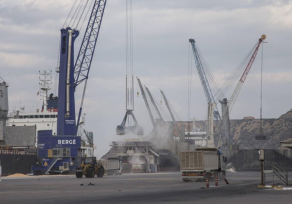 Camiones cargan cereal en el Puerto de Cartagena.