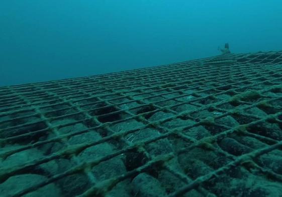 Botellas de vino tinto acostadas, dentro de un recipiente metálico, sumergidas en la las Bodegas Submarinas Verónica, en las proximidades de Cabo Cope.