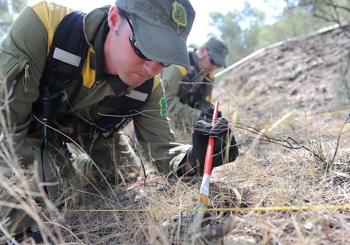Dos agentes medioambientales toman muestras en la zona de un incendio forestal ocurrido en la Región de Murcia, en una foto de archivo.