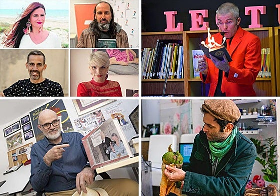 Mar Carrillo, Víctor Morata, Antonio Bernal y Raquel Eulogio, en la Feria del Libro de San Pedro. | Luigi Ludus, en su espectáculo 'El mago de los libros'. | El dibujante José Manuel Puebla visitará la Feria del Libro de Santomera. | Mario Moya ofrece su cuentacuentos infantil 'Animalario'.