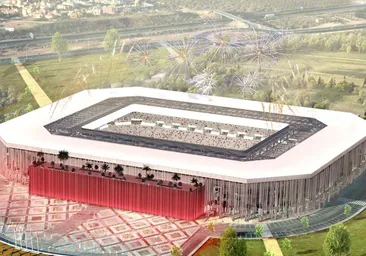 Recreación virtual de cómo quedaría el Enrique Roca con el nuevo edificio anexo, la nueva estructura perimetral y la futura cubierta del estadio.