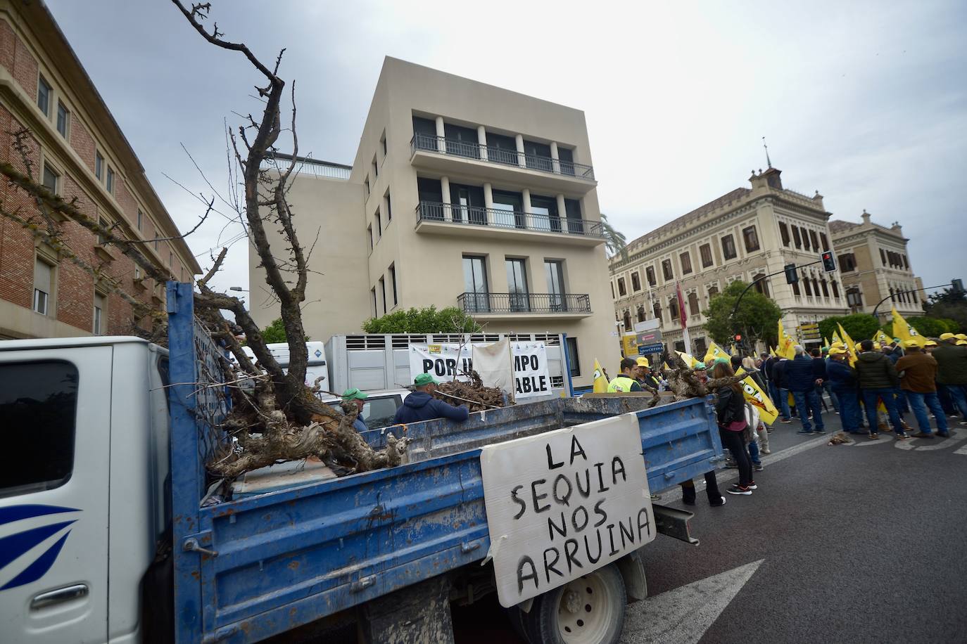 La protesta de agricultores y ganaderos de las zonas de secano ante la Delegación del Gobierno, en imágenes