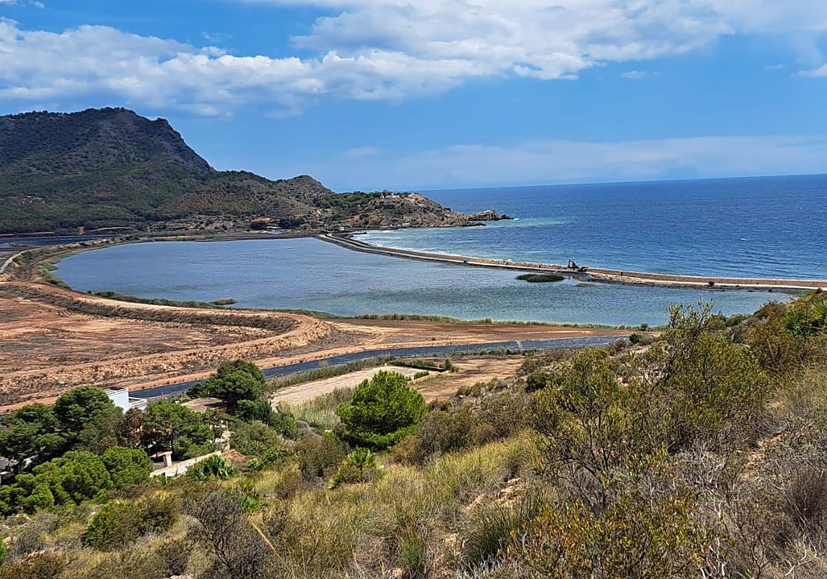 Una máquina trabaja sobre el dique de la bahía de Portmán, esta semana.