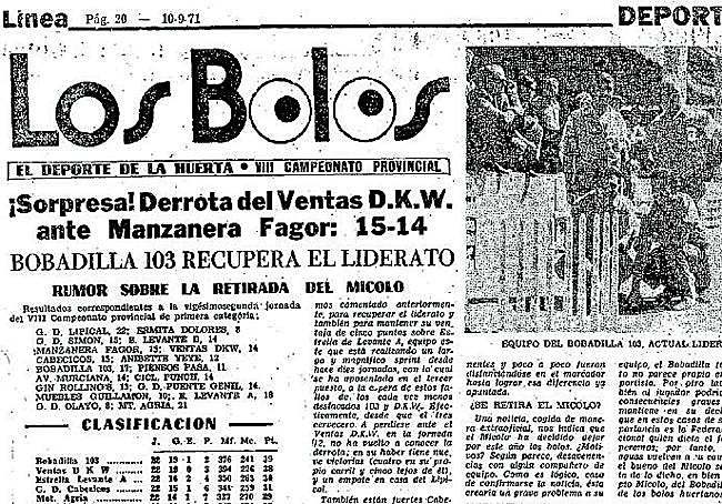 Hubo un tiempo en que la liga de bolos copaba las páginas de los diarios murcianos, como esta de 'Línea' de 1971.