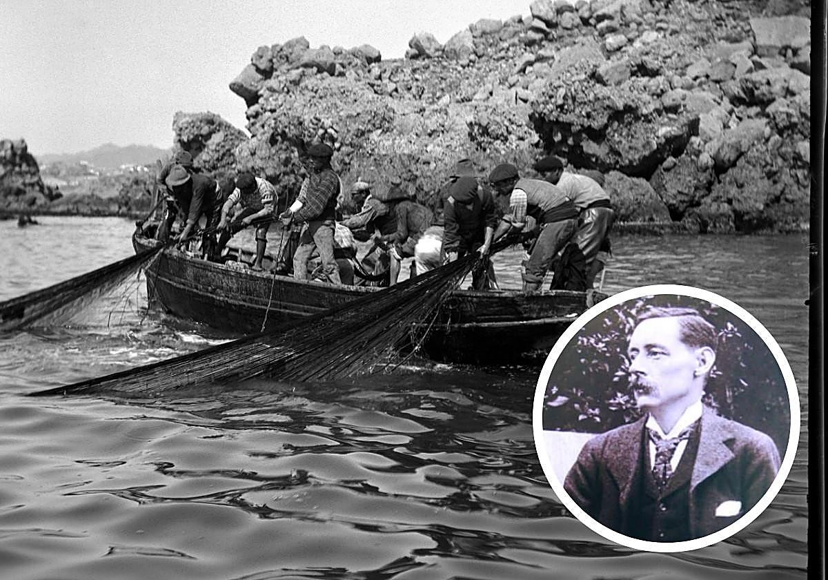 Pescadores. Fotografía de Gustavo Gillman cedida por el Archivo Municipal de Águilas. En la imagen pequeña, Gustavo Gillman, en una fotografía extraída del diario local 'La Actualidad'.