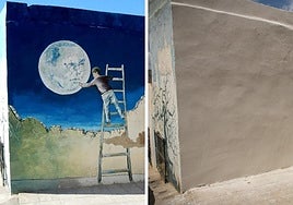 El mural y la misma pared tras ser pintada de blanco.