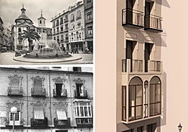 Antigua estampa de la plaza de las Flores, con el edificio del mirador (a la derecha) cuya fachada se recreará con nuevos materiales.