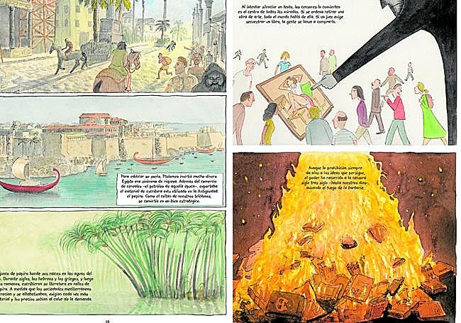 Varias páginas de la adaptación gráfica de 'El infinito en un junco'.