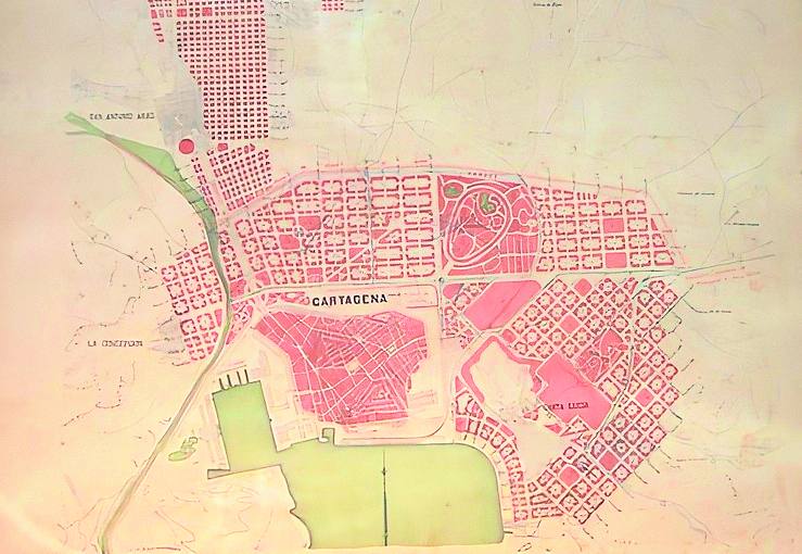 Imagen secundaria 1 - En la parte superior vista de la Plaza de La Merced en 1924, sin duda con mejor aspecto que en la actualidad. A la izquierda el plano de Cartagena hace cien años, con su Ensanche. A la derecha, Alfonso Torres pidió la capitalidad regional para Cartagena. 