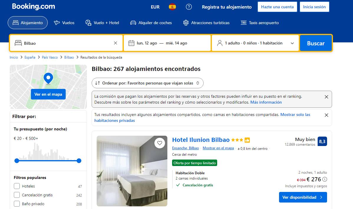 Imagen de la web de alojamientos Booking.